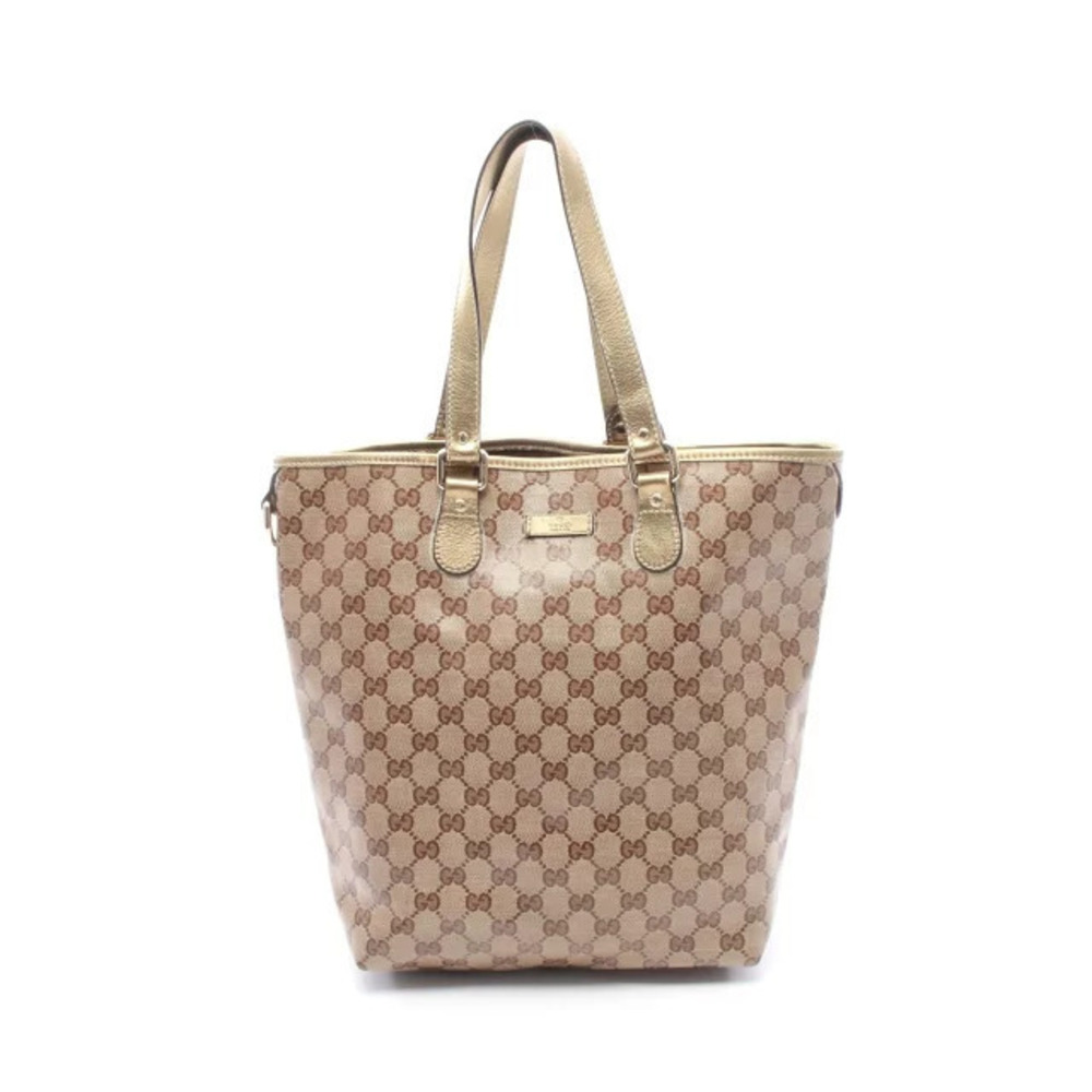 Gucci GG Crystal Tote Bag Canvas Leather Beige Cream Brown Gold